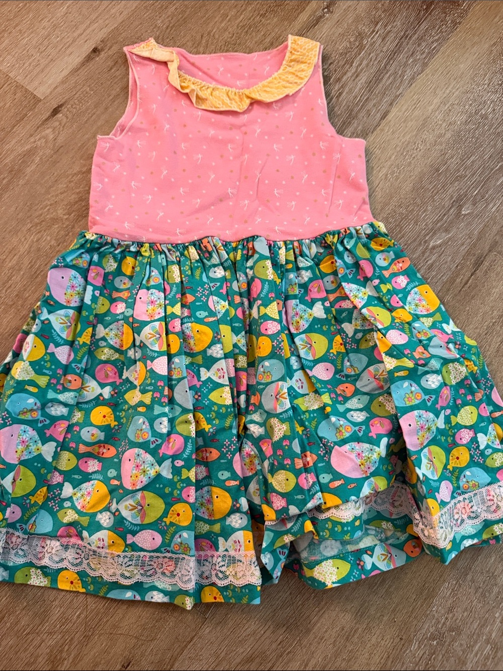 Matilda Jane Platinum Pink & Teal Fish Print Summer Top with Yellow Ruffle